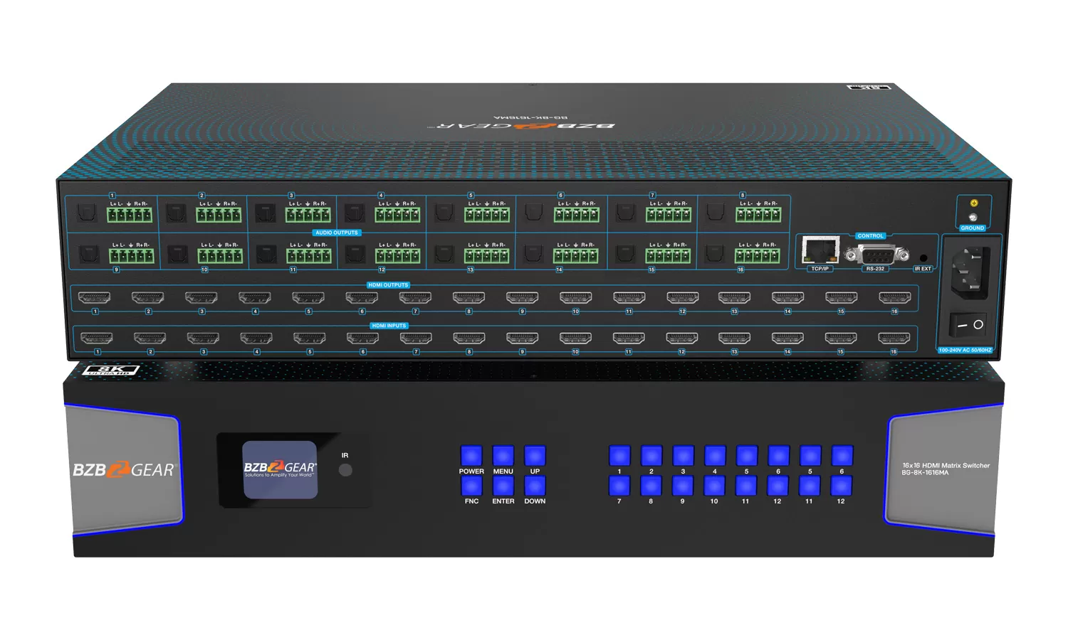 BG-8K-1616MA | 16x16 8K UHD HDMI 2.1 Matrix Switcher with Auto Downscalling/Audio De-embedder (8K60/4K120 4:4:4 and VRR/FVA/ALLM Support) BG-8K-1616MA | 16x16 8K UHD HDMI 2.1 Matrix Switcher with Auto Downscalling/Audio De-embedder (8K60/4K120 4:4:4 and VRR/FVA/ALLM Support)